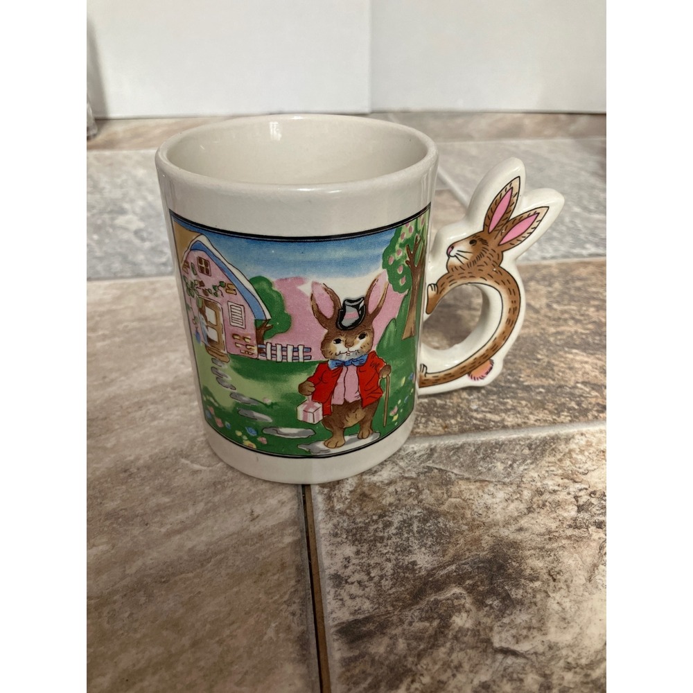 Vintageā Style Easter Bunny Rabbit 3D Handle Ceramic Coffee Mug Pink Cottage Cup